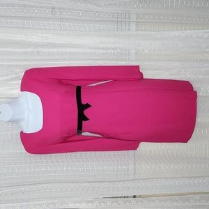 Vintage 80's Barbie Pink Wiggle Dress W/ Black Velvet Bow & Shoulder Pads Sz6